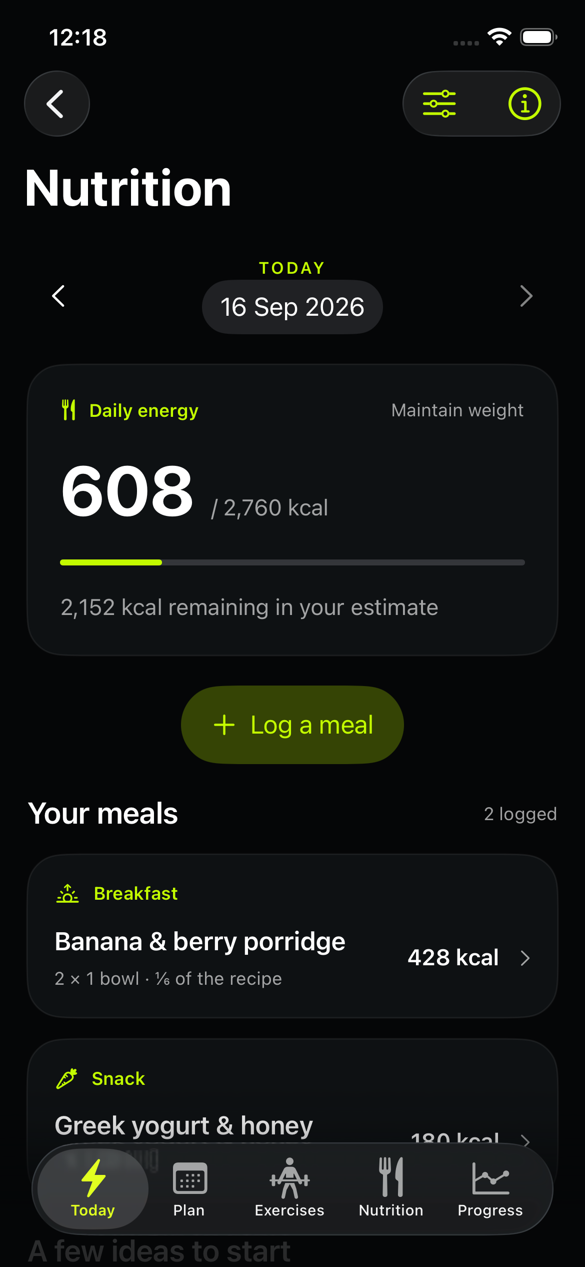 Nutrition screen with daily energy, logged breakfast and snack, and a Log a meal button