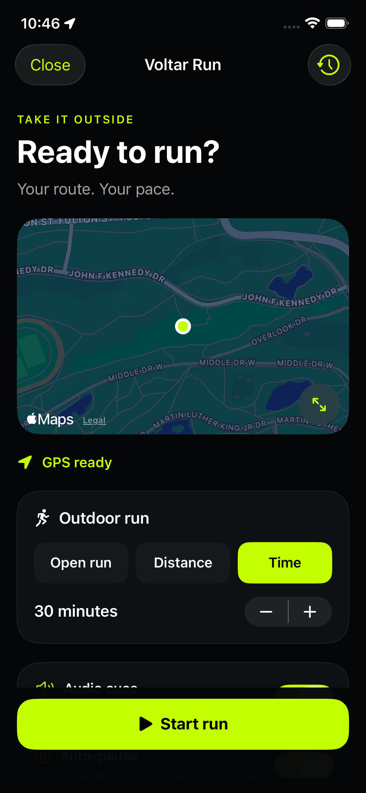 Voltar Run preparation screen with a map and open, distance, and time goal choices