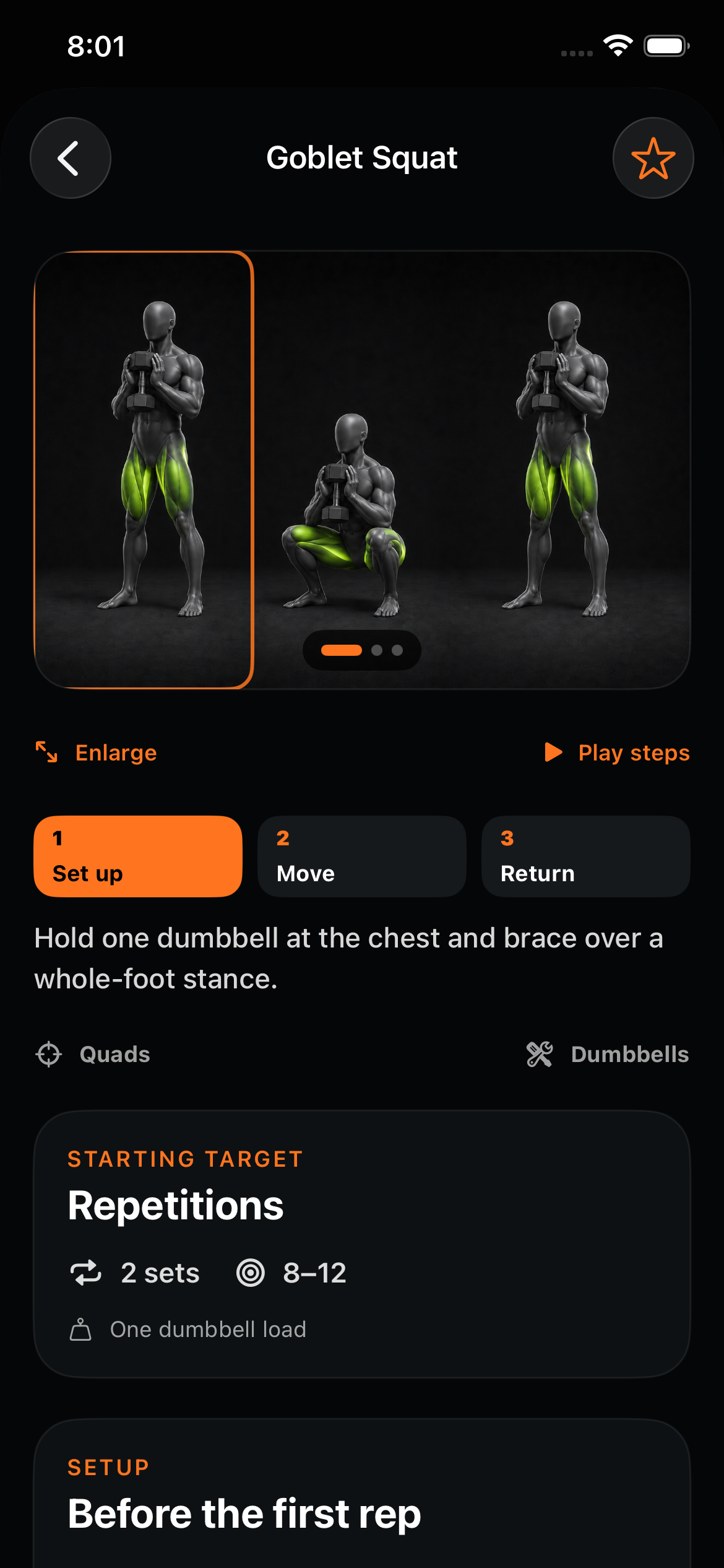 Goblet Squat technique screen showing setup, movement steps, and target muscles