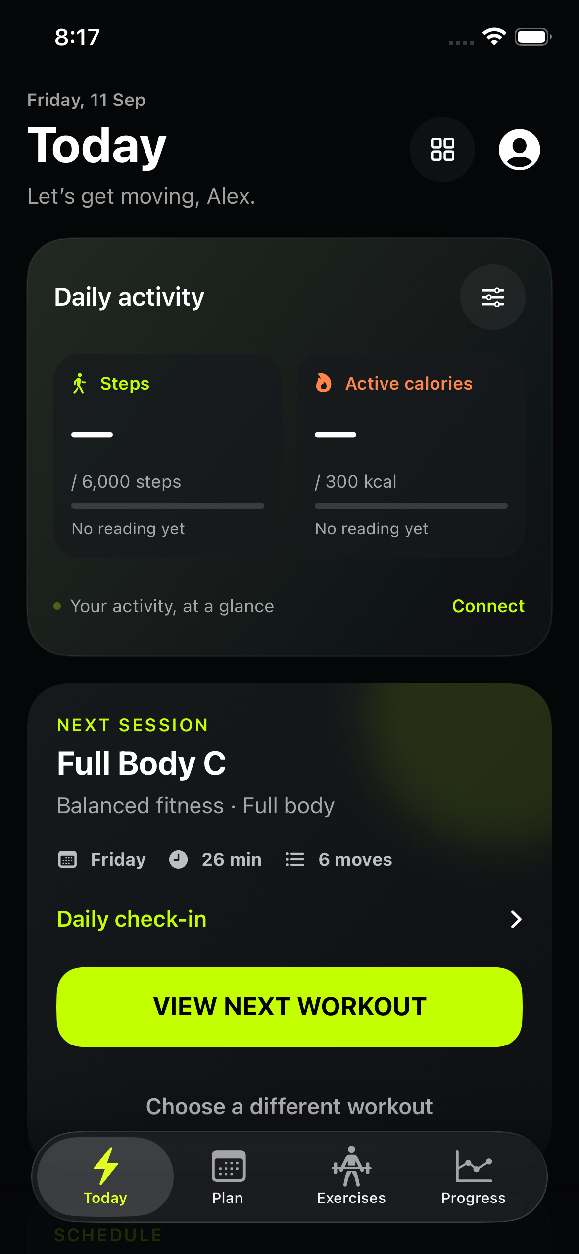 Voltar Today screen with daily activity and the next planned workout