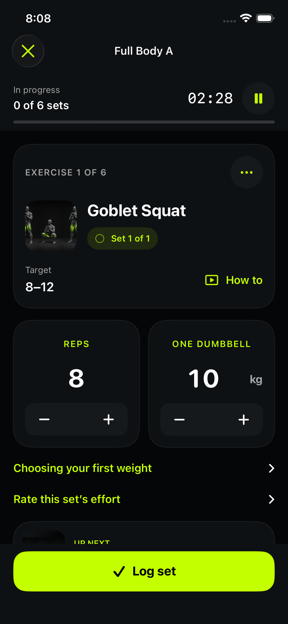 Live Goblet Squat workout with repetition and weight controls and a Log set button