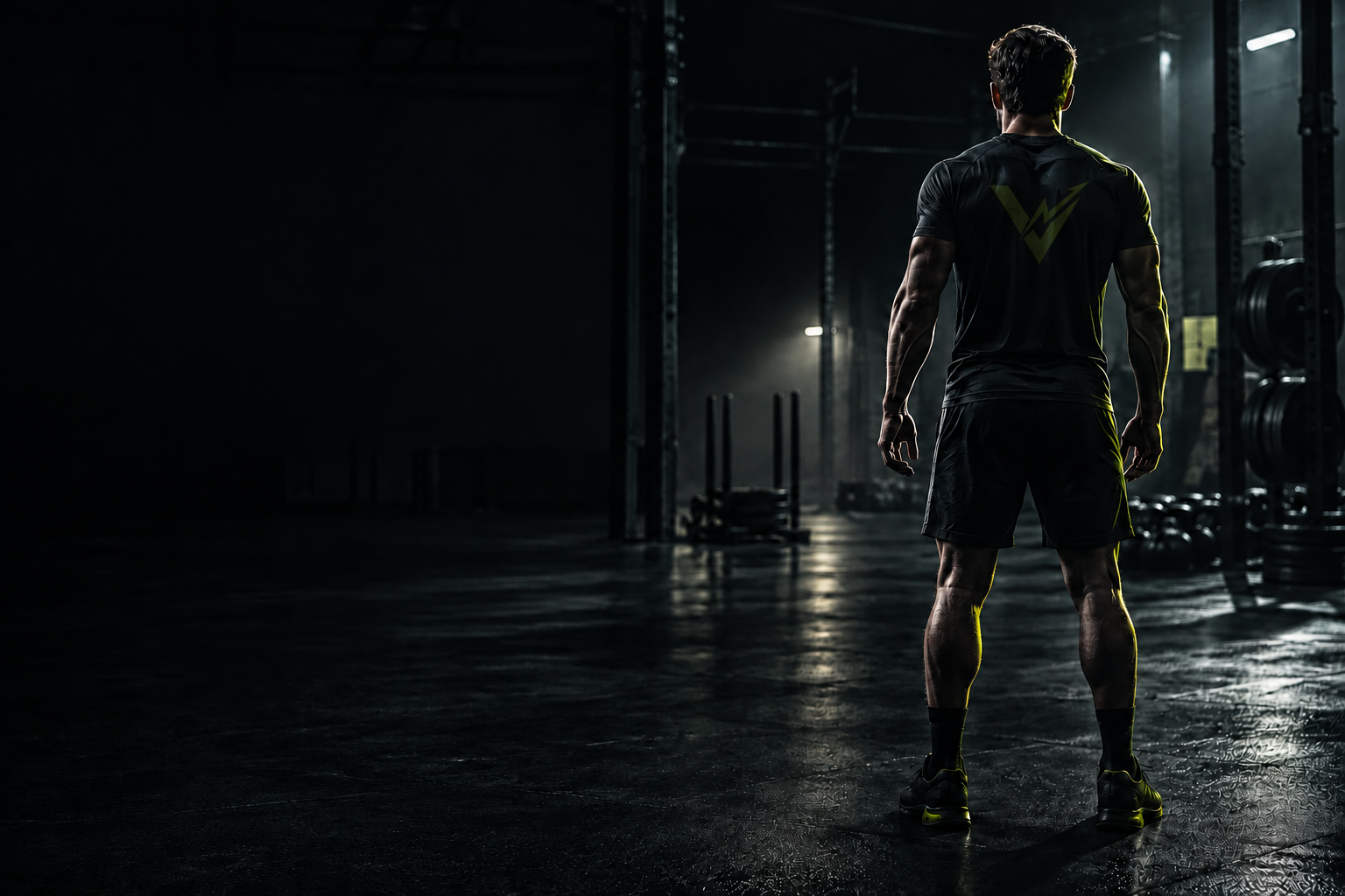 Athlete wearing a black Voltar shirt with the faint Voltar symbol on his back in a dark gym